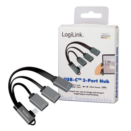Logilink USB 3.2 Gen 1 hub, USB-C/M (90°) – 3x USB-A/F, alu, 0,15 m